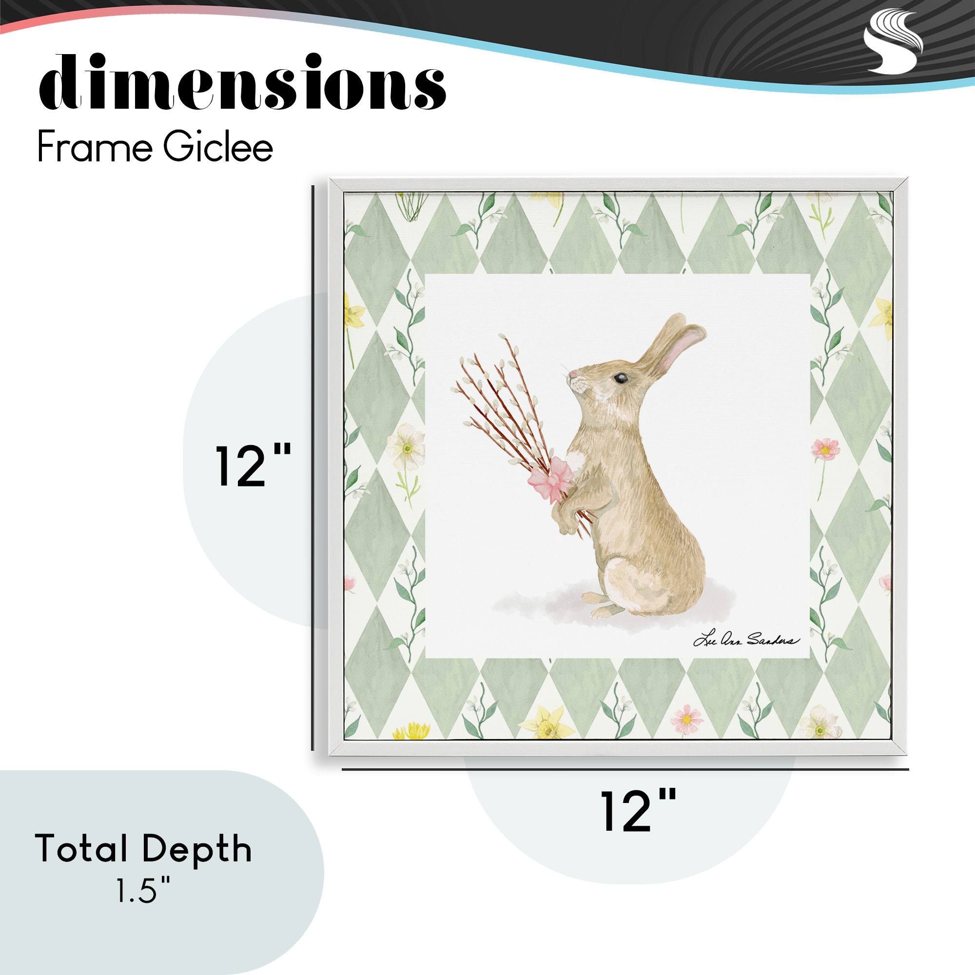 Bouquet Bunny on Green Argyle White Framed Giclee Art, design by Lee Ann Sanders
