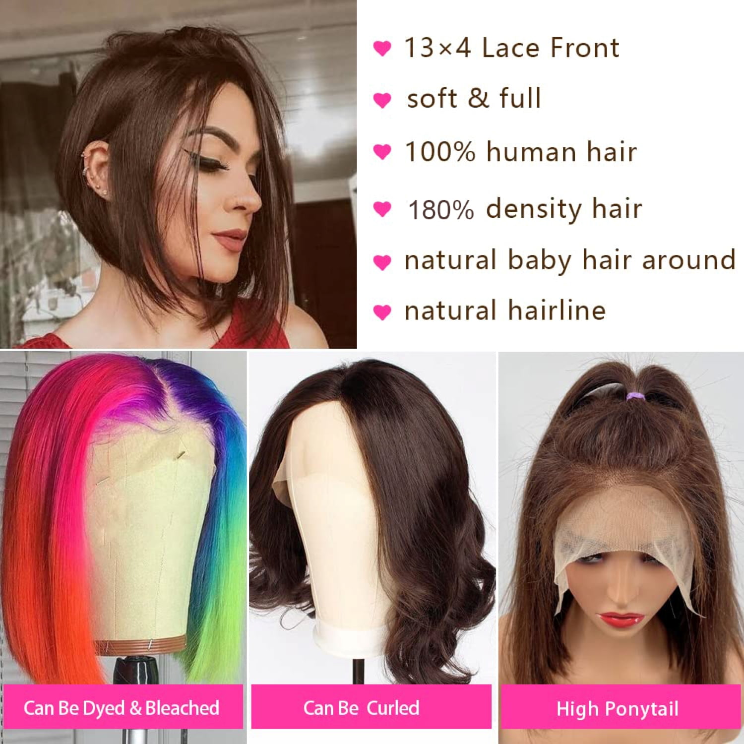 16" Chocolate Brown Lace Front Bob Wigs Human Hair Straight, 13x4 Brown Lace Frontal Bob Wig