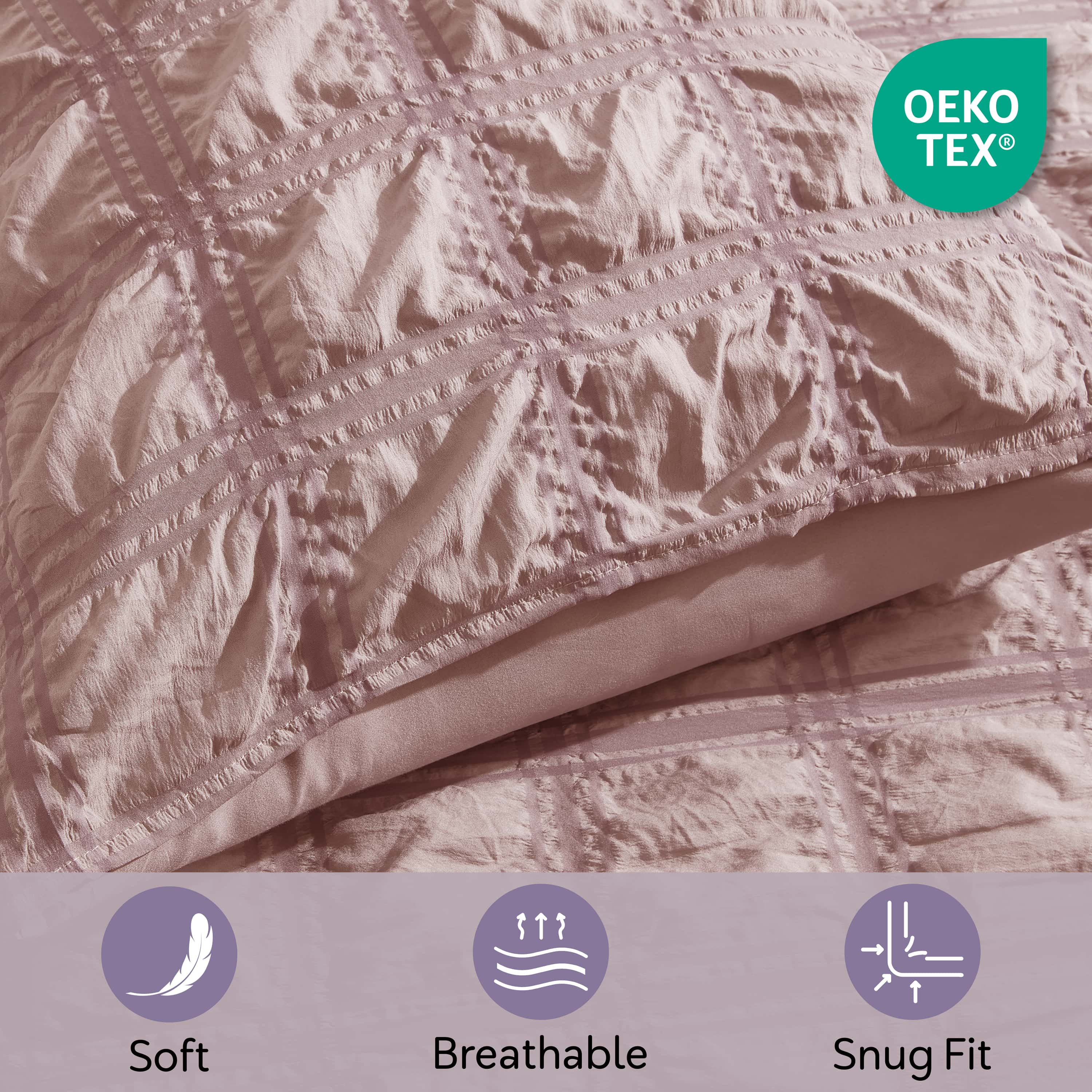 Virtu Queen Comforter Set, Seersucker Queen Size Comforter Set, 7-Pc All Season Bedding Comforter Set, Bali Blush