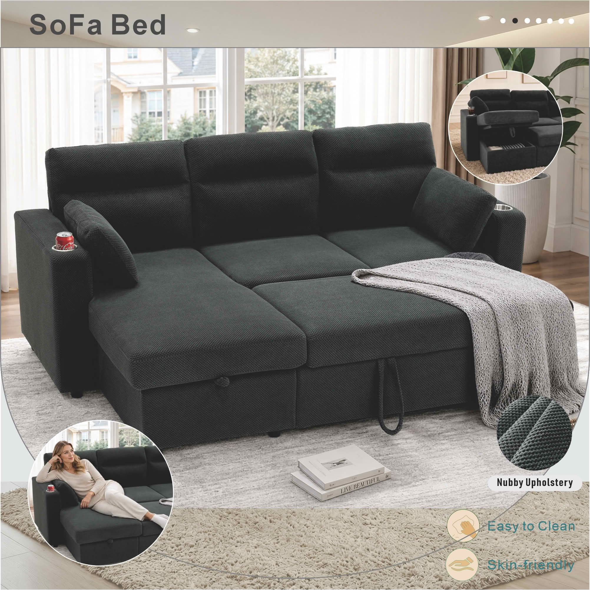MAYEERTY 82.5 Inch L‑Shaped Pull‑Out Sectional Sofa Bed, Convertible Sleeper Couch with Storage Chaise, Cup Holders & 2 Pillows for Apartments