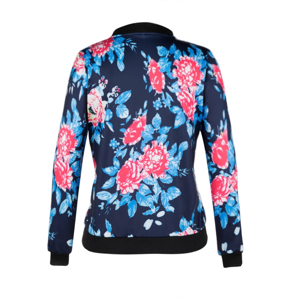 Women Baseball Bomber Jacket Stand Collar Long Sleeve Floral Zip Up Coat