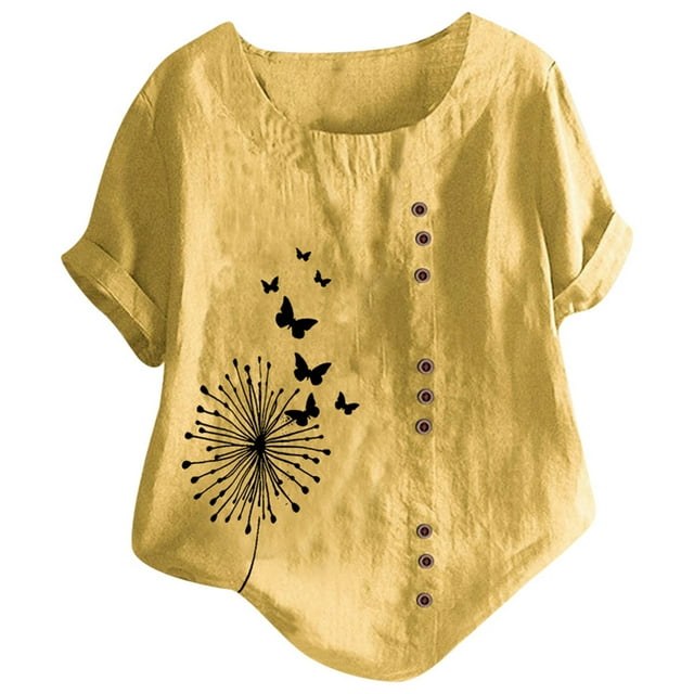 VJATTWR Hauts à Manches Courtes pour Femmes Mode Été Décontractée Grande Taille Ample Imprimé Rétro et T-Shirt en Lin S
