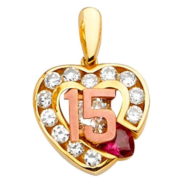 14k Pendentif en Zircone Cubique '15' en Forme de Coeur