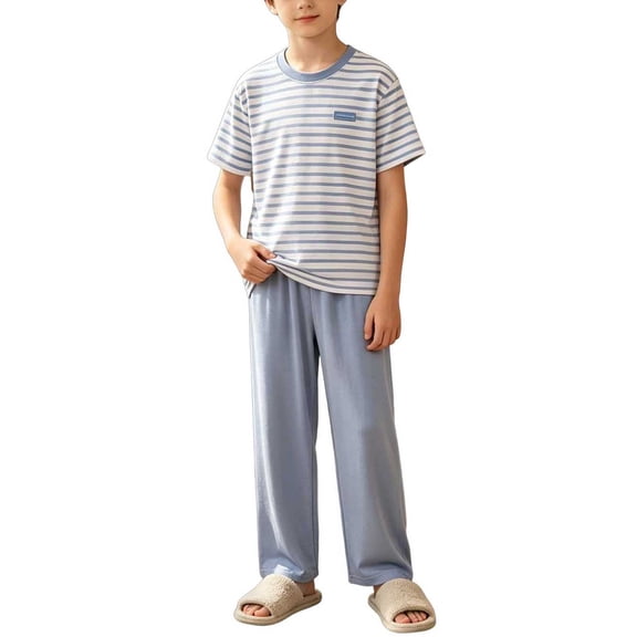Cethrio Boys' Pajama Sets Short Sleeve, Knitted 2 Piece Summer Casual Boys' Sleepwear Blue Size 8