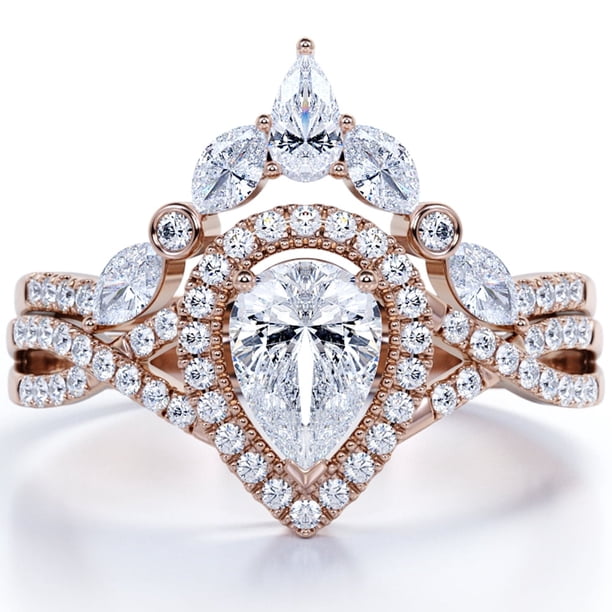JeenMata Corona con Bisel - Moissanita en Forma de Lágrima de 1,5 Quilates - Pavé Infinito Retorcido - Halo Nupcial - Baño de Oro Rosa de 18 K sobre Plata