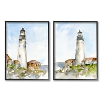 Stupell Industries Coastal Cliffside Lighthouse Study Soft Nautical Black Framed, 16 x 20