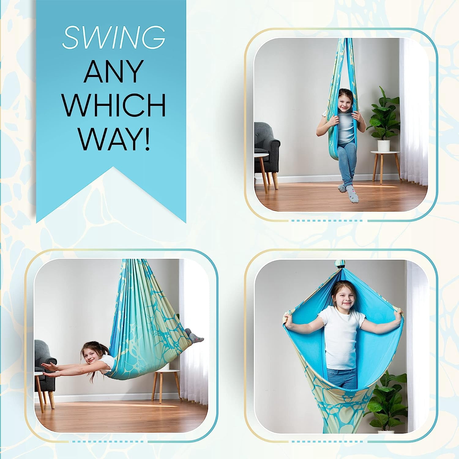 Friendly Cuddle Sensory Swing for Kids & Adults Cocoon Hammock, Marble Blue & Yellow