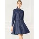 thumbnail image 2 of Vestido Acampanado De Camisa Allegra K Sobre La Rodilla De Manga Larga Con Cinturón Algodón Para Mujeres Azul oscuro L, 2 of 6