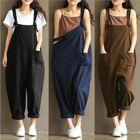 - Women Casual Linen Pants Cotton Jumpsuit Strap Harem Trousers Overalls US Stock