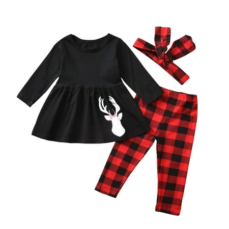 

Toddler Girls Outfit Baby Kids Suit Christmas Prints Long Sleeve Top Plaid Prints Pants Hairband Set Outfits