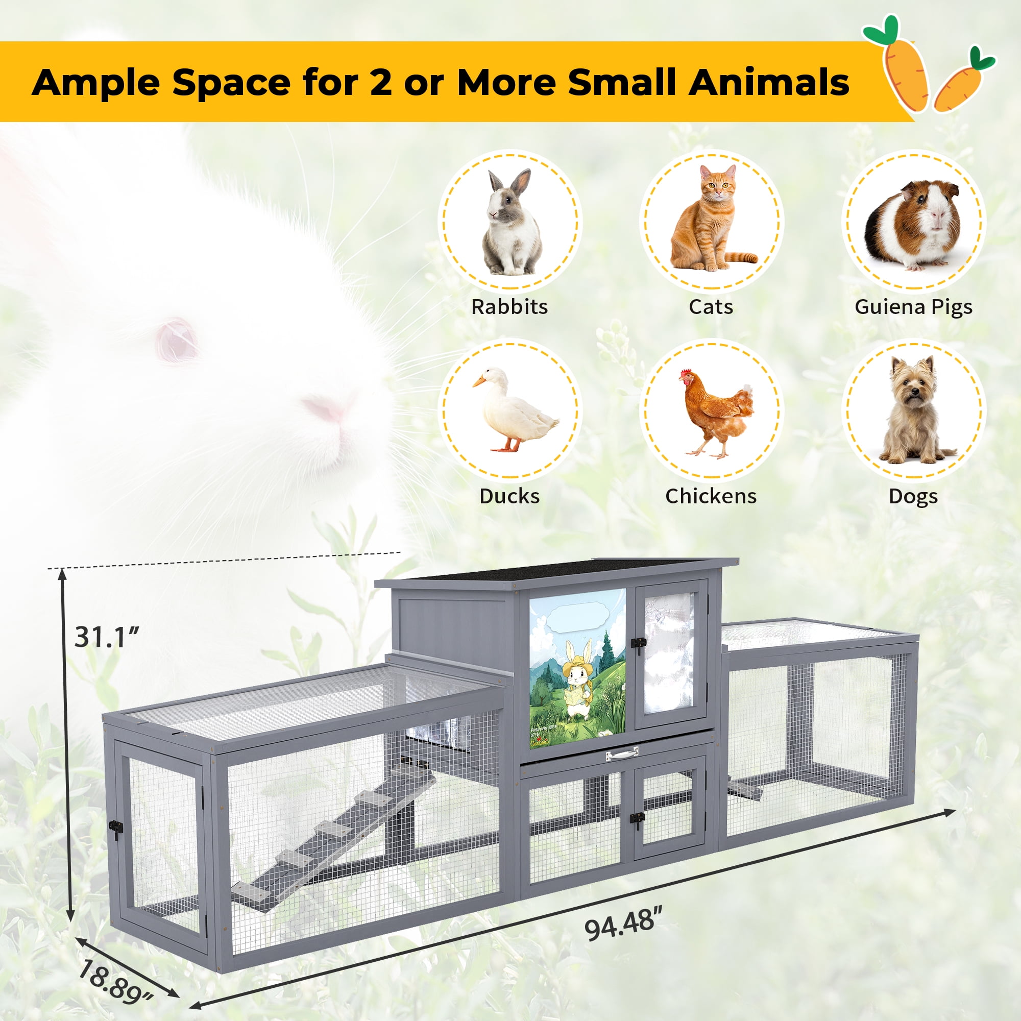Insulated Outdoor Wood Rabbit Hutch Small Animal Enclosure House Pet Shelter Gray with Colorful Patterns