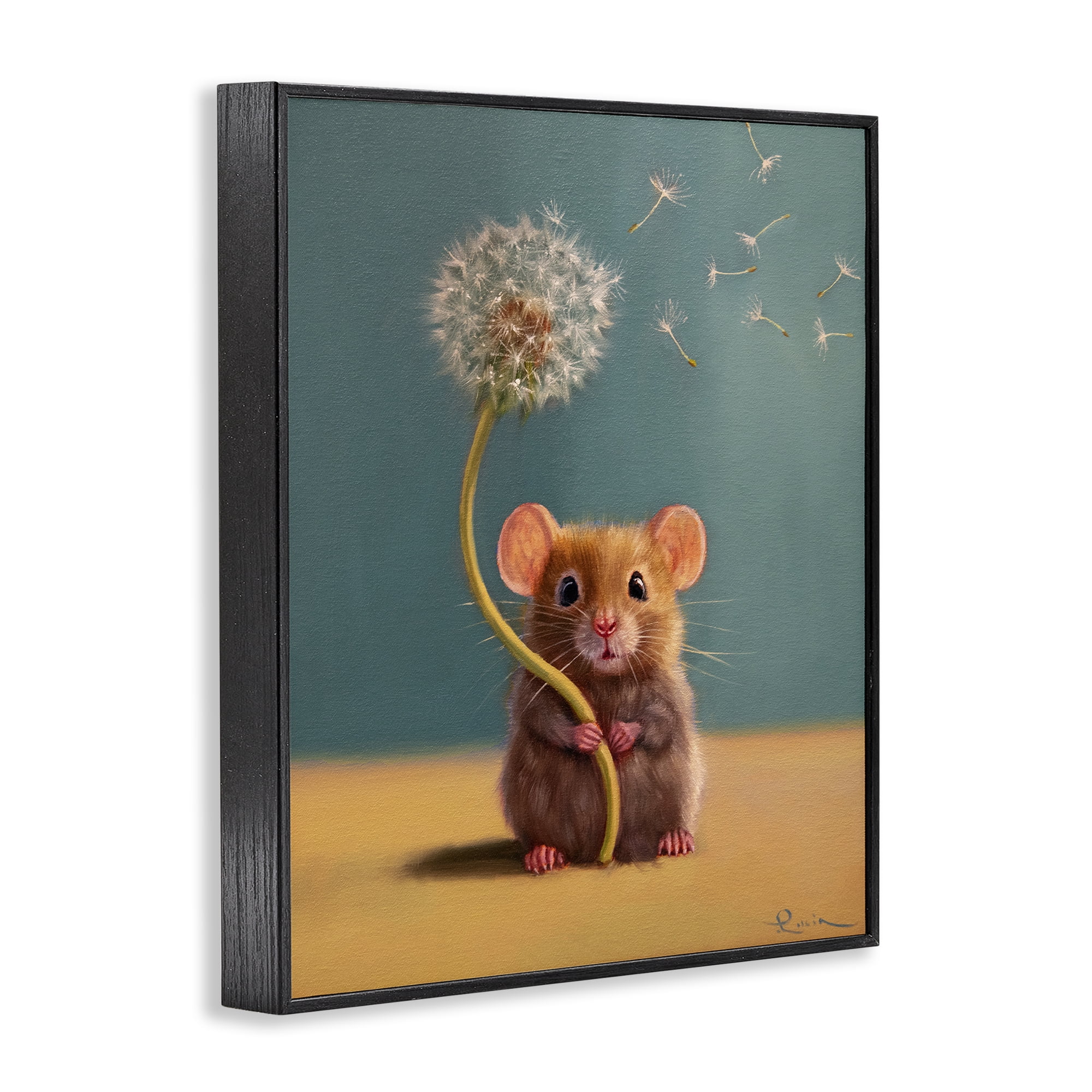 Tiny Wishes Mouse & Dandelion Black Framed Giclee Art, design by Lucia Heffernan
