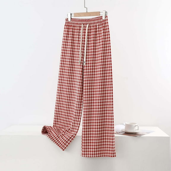 Ahabrexf Womens Comfy Pants,Fashion Checkered Elastic Waist Plaid Casual Home Long Pants