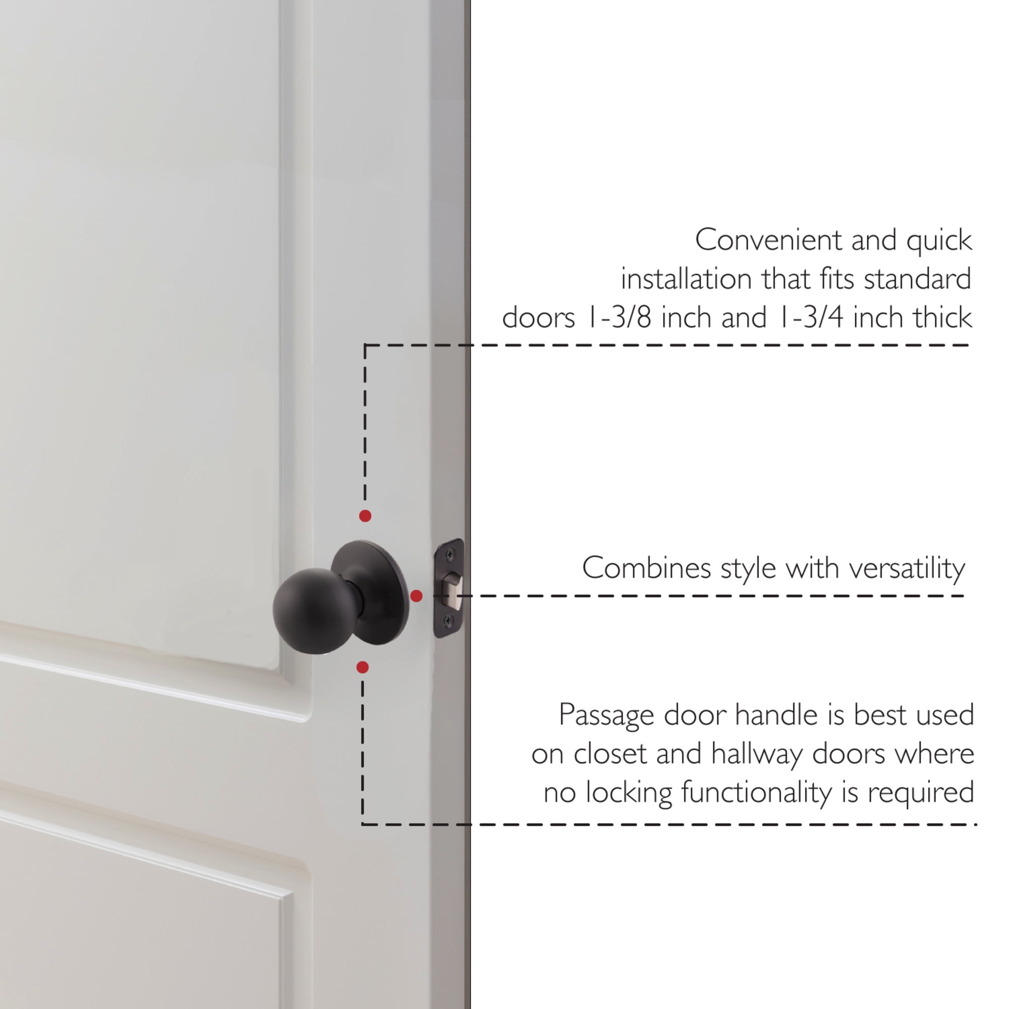 Ball Passage Door Knob, Hall and Closet, Matte Black Finish, Left or Right Hand