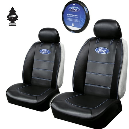 Pair of Black Leatherette Car Truck SUV Seat Covers and Steering Wheel Cover Set For Ford Universal Size