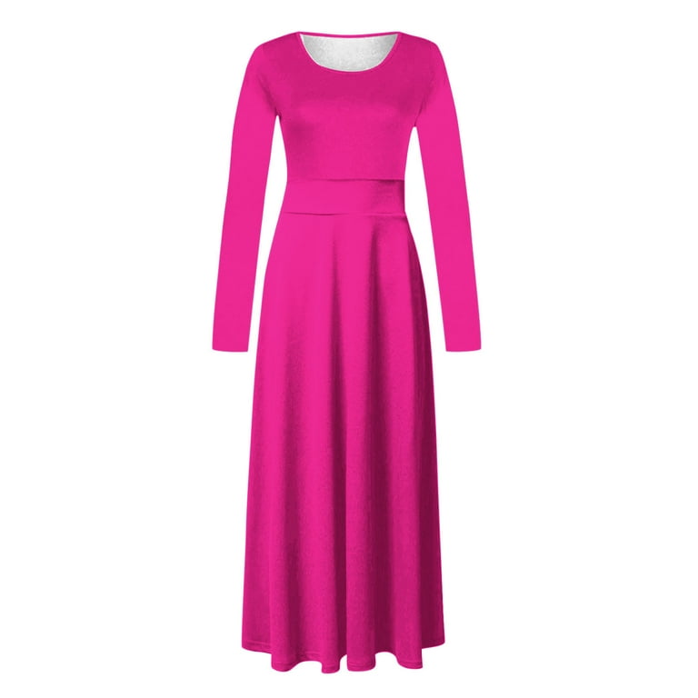 splicing maxi casual dress Hapimo Women's Maxi A Line Splicing Dress Solid Color Round Neck Spring Elegant Casual Daily Trendy Long Sleeve Hot Pink M, Size: Medium