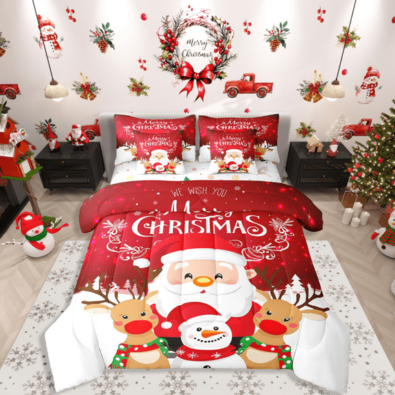 Manfei Santa Claus 7-Piece Twin Bedding Sets,Merry Christmas Bedding Comforter Set,Festival Theme Breathable Sheet Sets,Microfiber Kids Bedroom Decor,Reversible