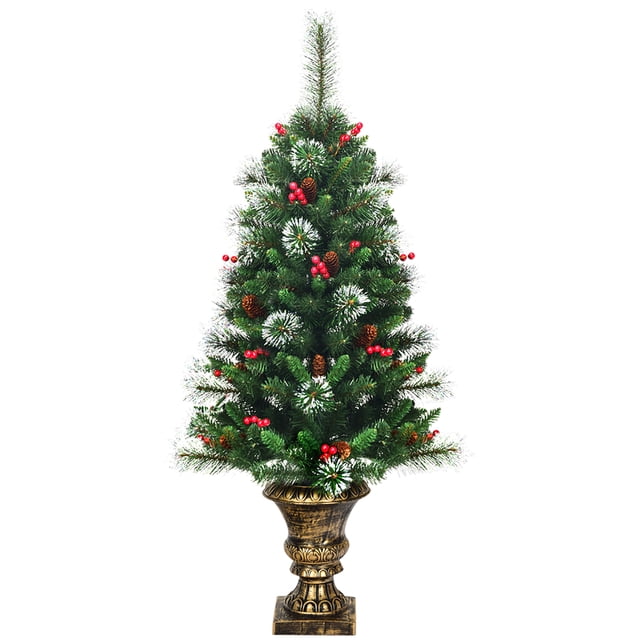 Costway 1,2m Árbol de Navidad con Ramas Brillantes Decoración para Entrada con Base Estable Piñas Decorativas y Bayas Rojas