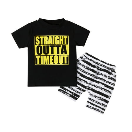 

Toddler Baby Boy Clothes Sets Stripe Camo Short Black Top Letter Printed Outfit 2PCS