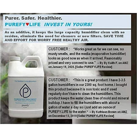 

PUREFY Humidifier Treatment Large Capacity (68 oz) – for Large (6L 1.5 Gallons or More) Humidifiers or Coolers. Hypoallergenic. Unscented. No Residue. Hygienic Humidifier for Healthier Air.