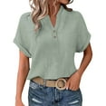 thumbnail image 4 of Women's Crinkled V-Neck Short Sleeve Top - Rolled Cuff Button Detail Casual Tee | Yubnlvae | Women's Fashionable And Casual Solid Color V Neck Wrinkle Cloth (Mint Green | XL), 4 of 9