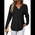 thumbnail image 2 of Blusas para Mujer, de Punto Gofre, de Larga, con Cuello en V y Muescas, Informales, Modernas, de Color Liso, Holgadas. Negro XXL, 2 of 8