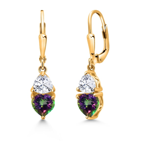 Gem Stone King 18K Yellow Gold Plated Silver Green Mystic Topaz and White Moissanite Dangle Leverback Earrings for Women (2.84 Cttw, Gemstone November Birthstone, Heart Shape 6MM, Trillion 5MM)
