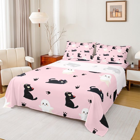 Feelyou Kawaii Cat Kitten Full Size Sheets for Kids, Cartoon Animal Lover Bed Sheets, Girly Pink Cartoon Sheet Sets, Ultra Soft Bedroom Decor, 4-Piece