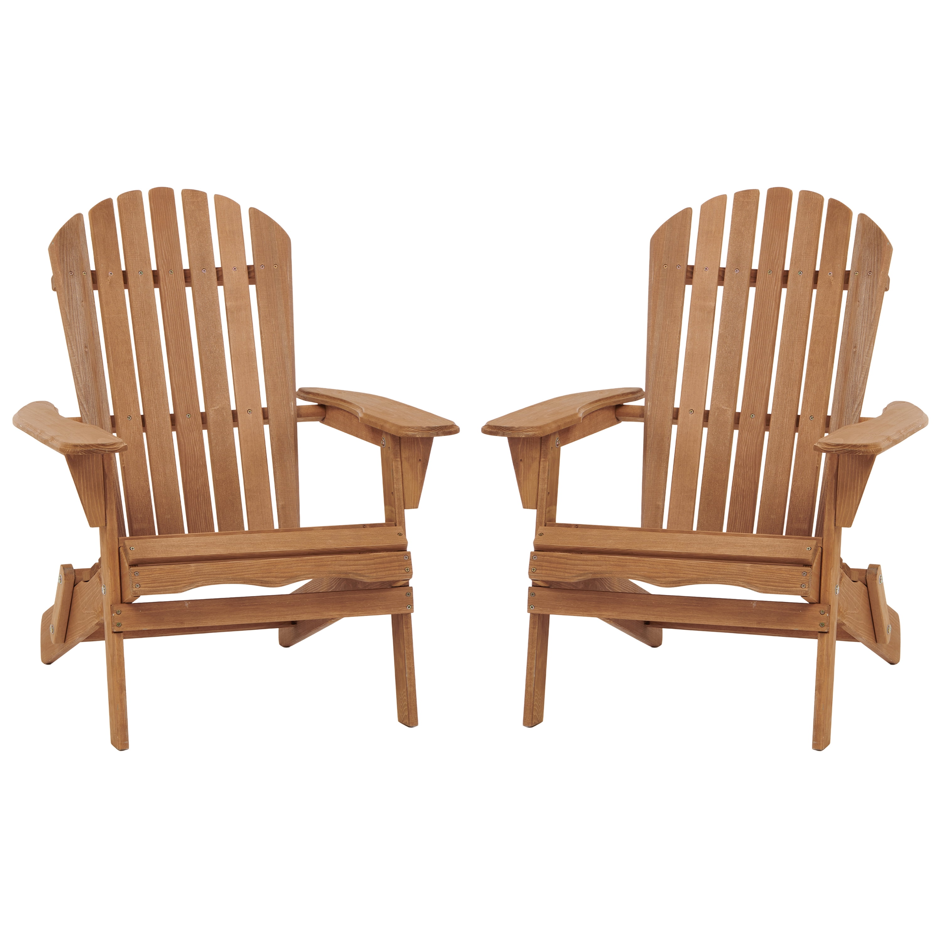 Set of 2 Folding Adirondack Chairs with Pre-Assembled Backrest, Solid Wood Outdoor Patio Chairs and Wooden Lounge Seats for Garden, Light Brown