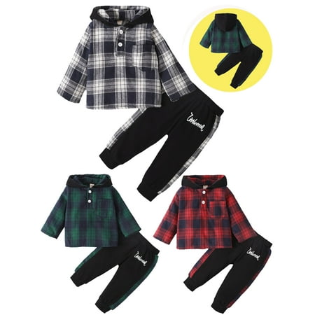 

Yuanyu Infant Baby Boys 2PCS Hoodie Sweatsuit Outfits Toddler Warm Plaid Shirt Top Pants Set Kids Fall Winter Spring Sets 0-24 Months