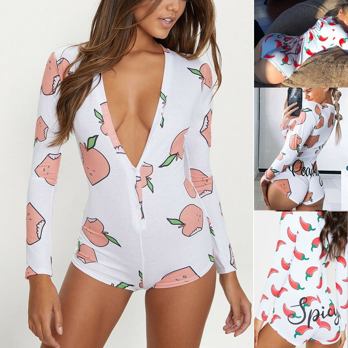 Women Sexy Fruit Print Long Sleeve Button Down Romper Sleepwear Cotton Pajamas Home Clothes Walmart