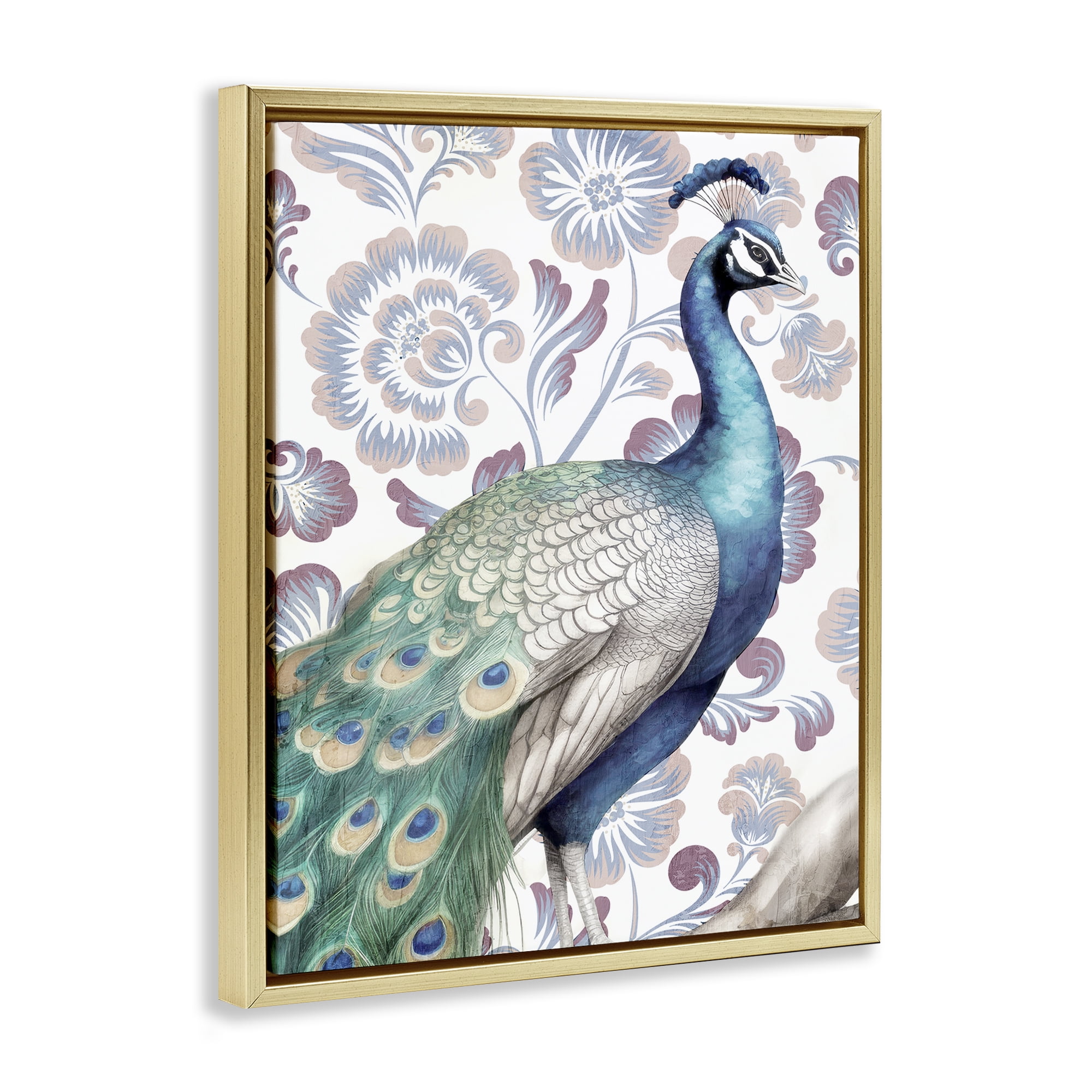 Stupell Industries Peacock on Vintage Florals Animals Painting Gold Floater Framed Canvas Art Print Wall Art, 17 x 21