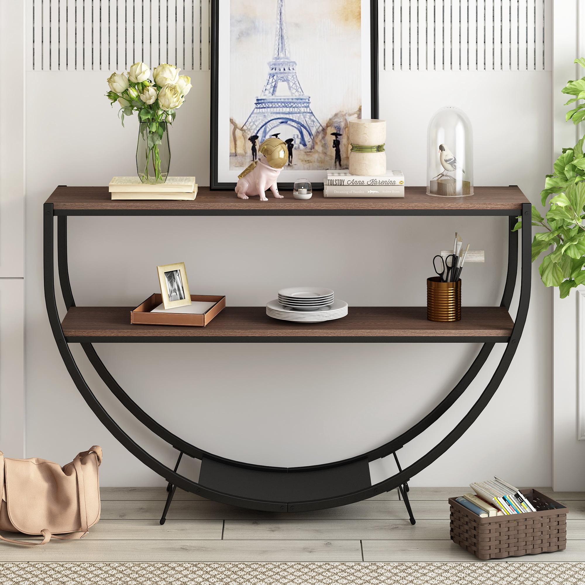 EUROCO 48" Long Console Table,Industrial 3-Tier Sofa Table Entryway Table with Open Shelves and Demilune Design,Narrow Accent Table for Living Room/Hallway/Entrance/Foyer,Dark Brown