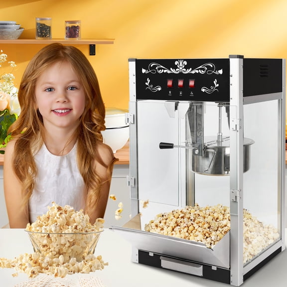 Commercial Popcorn Machine, 16 Oz Kettle, 1440 W Countertop Popcorn Maker for 64 Cups, Movie Theater Popcorn Machine with 3-Switch Control & Steel Frame Tempered Glass Doors(Black)