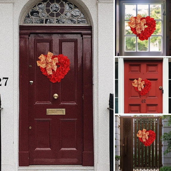 ERTZAE Heart Shaped Wreath,13" Red Burlap Heart Wreath With Gold Bow For Porch Styling Red Valentine Wreath,Burlap Bow Front Door Decor,Romantic Wedding Gift,Valentine Day Door Wreath,Burlap Wreath