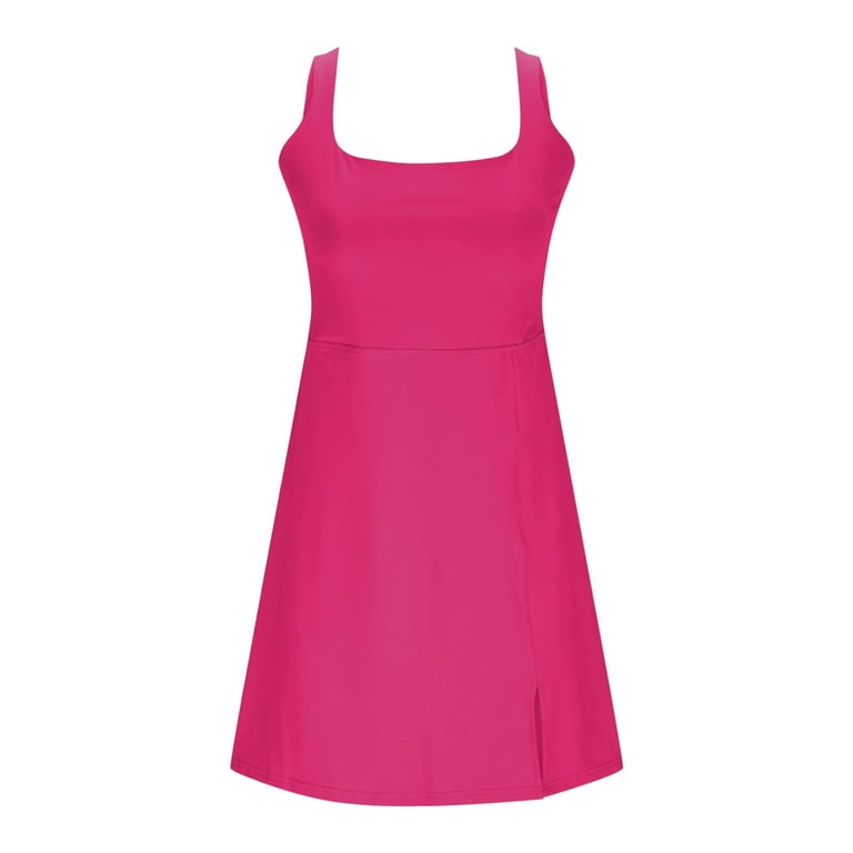 hot pink athletic dress CCRFTGI Athletic Dress for Women with Built In Shorts Summer Womens Tennis Dress Sleeveless Square Neck Golf Active Dresses with Pockets Hot Pink S,