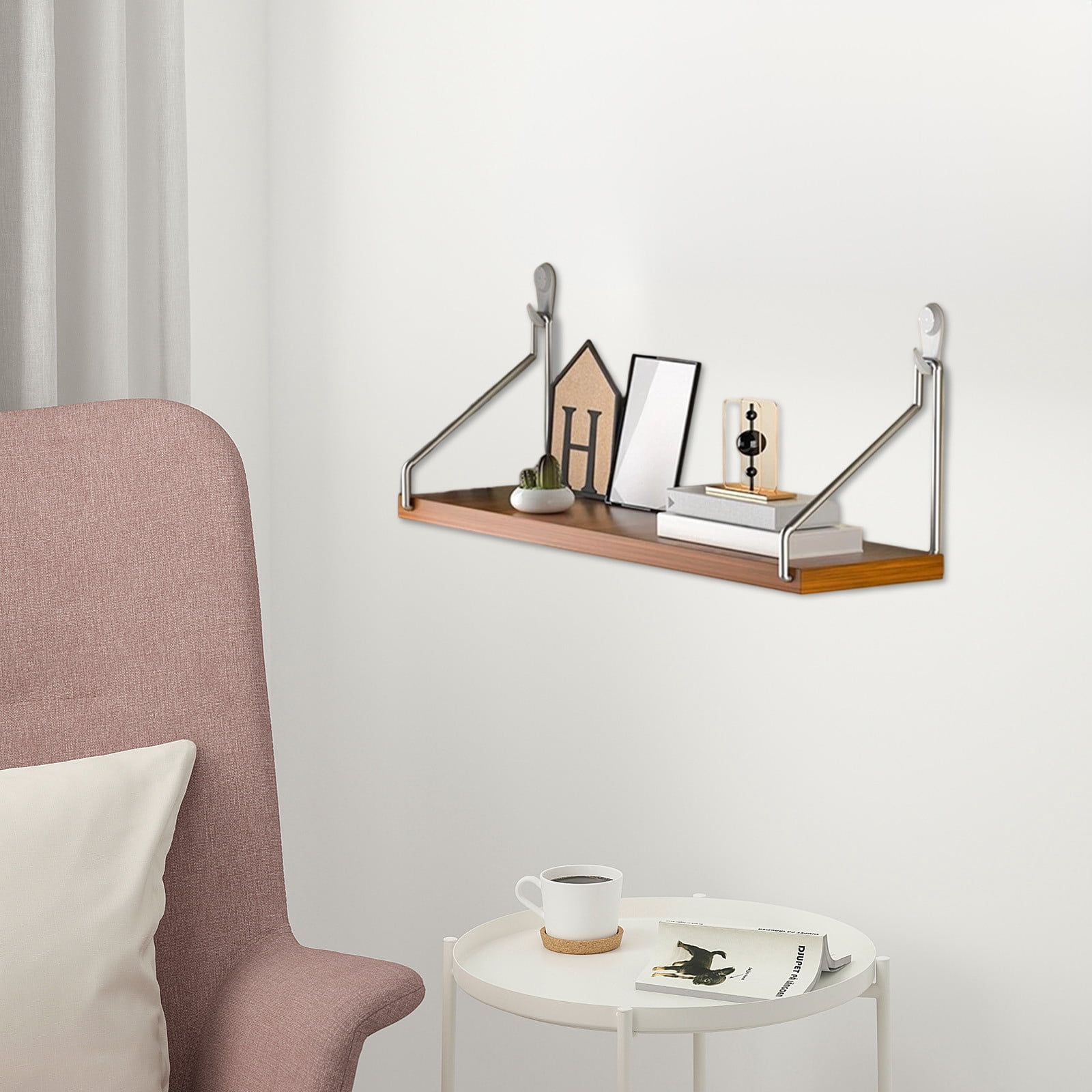 Oggfader No-Drill Wall Shelf 11.8x5.9in Heavy Duty Wood Floating Shelf 30lb Capacity Adhesive Mount for Router Projector Bedside Bookshelf Living Room Brown
