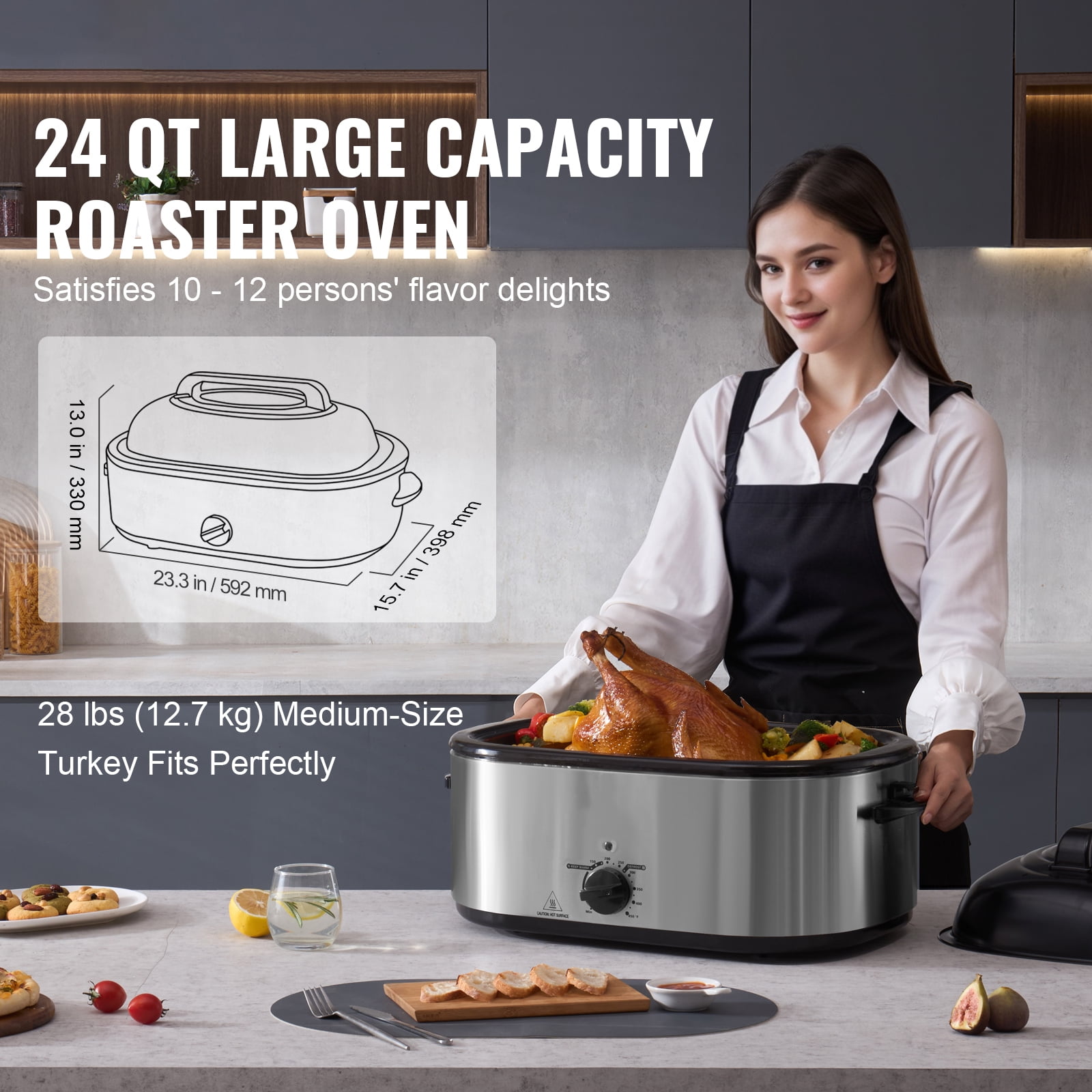 KFFKFF Electric Turkey Oven, 24 QT Capacity with Self-Basting Cover, 1450W, Features Defrost & Warm Settings, Temp Control, Includes Pan & Rack, Accommodates Up to 28LBS Turkeys, Silver