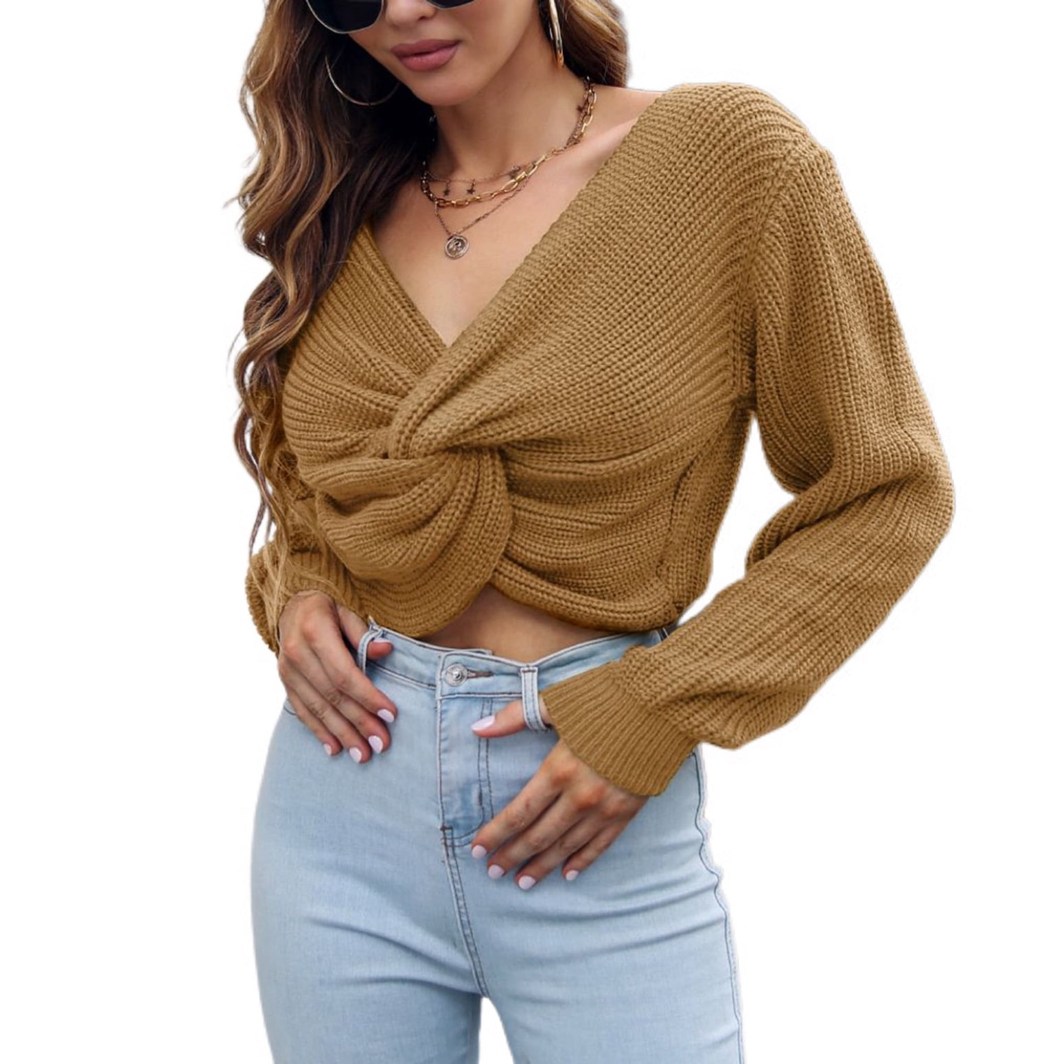Jdlsppl Women's Long Sleeve Pullover Sweater Twist Knot Knit Crop Top Basic  Loose Casual Bishop Sleeve Khaki Large - Walmart.com