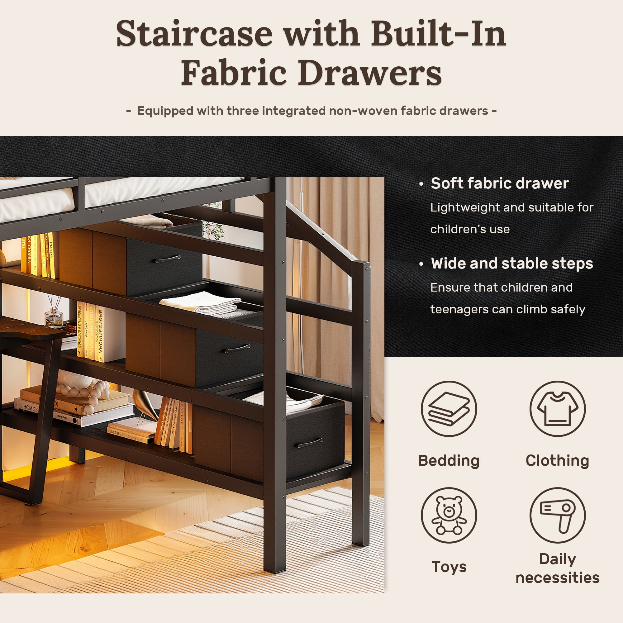 Leumius Full Size Loft Bed with Storage Stairs and Movable Desk with USB,Metal Loft Bed Frame with 3 Fabric Drawers and LED, Full-Length Guardrail and Pegboard,Black