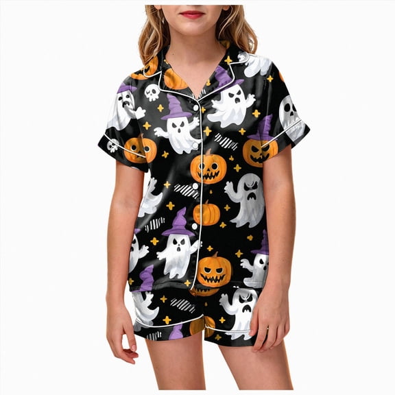 Cdudpw Halloween Pajamas Set Girl 2 Piece Short Sleeve Button Down Loungewear Pjs Shorts Pajama Outfits Sleepwear(A032-Purple)
