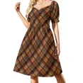 thumbnail image 1 of Tartán negro y naranja. Vestido de manga corta vestido de verano para mujer ropa para mujer vestidos de fiesta, 1 of 7
