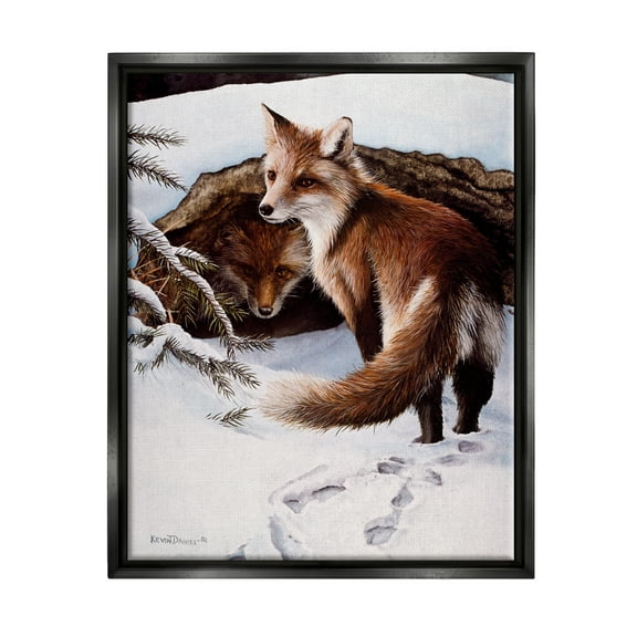 Stupell Industries Winter Foxes Wildlife Scene Animals & Insects Painting Black Floater Framed Art Print Wall Art, 17 x 21