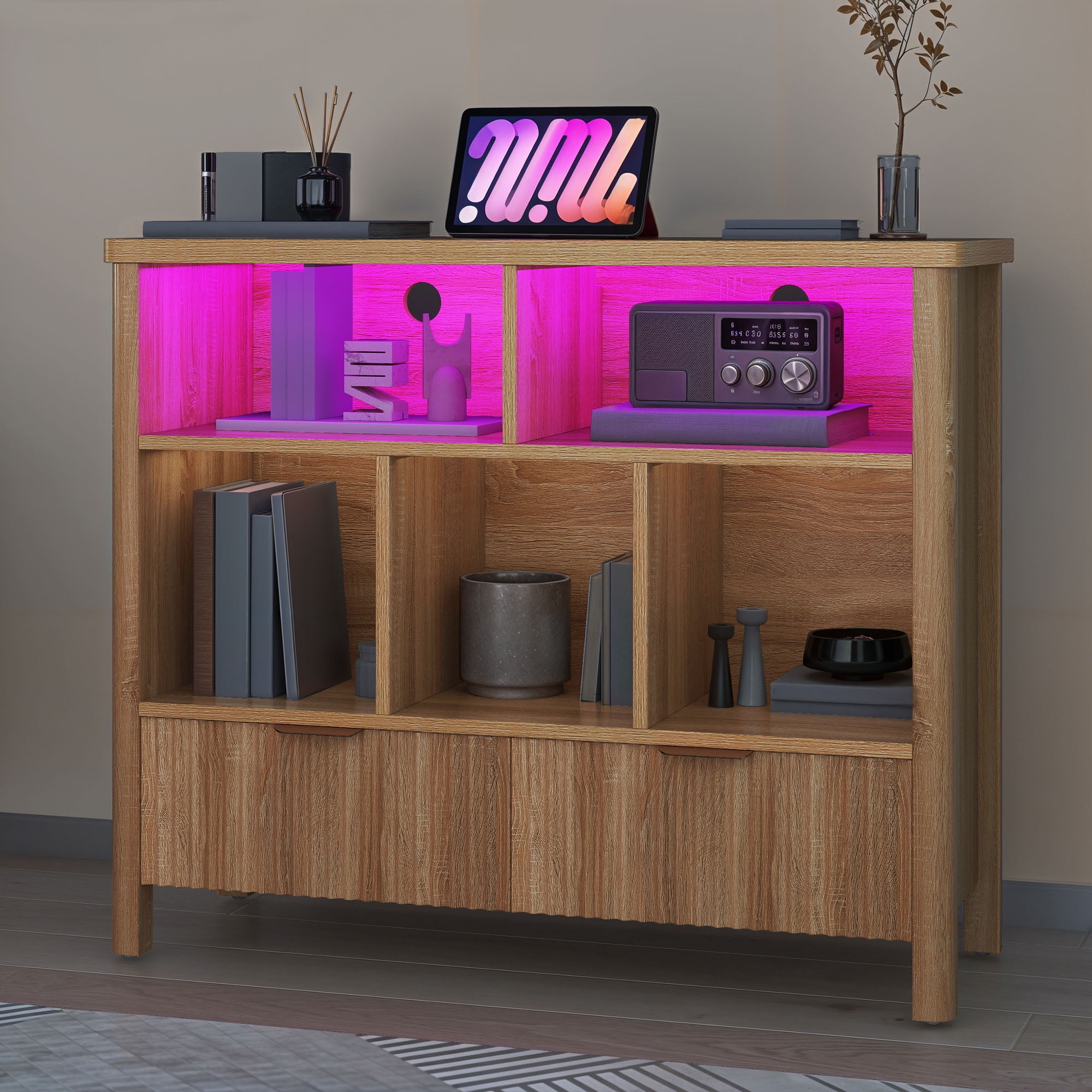 Craftian 5 Cube Bookcase with LED Light, Modern 3 Tier Bookshelf with Drawers for Home Office