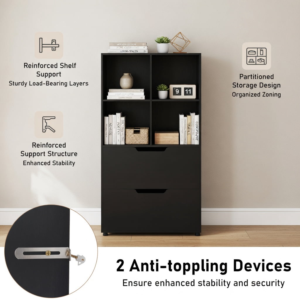 GVN 4-Cube Bookcase Storage Shelves with 2 Drawers, 51Inch 5-Tier Freestanding Bookshelf Stand for Living Room, Bedroom, Office Room, Study Room, Black