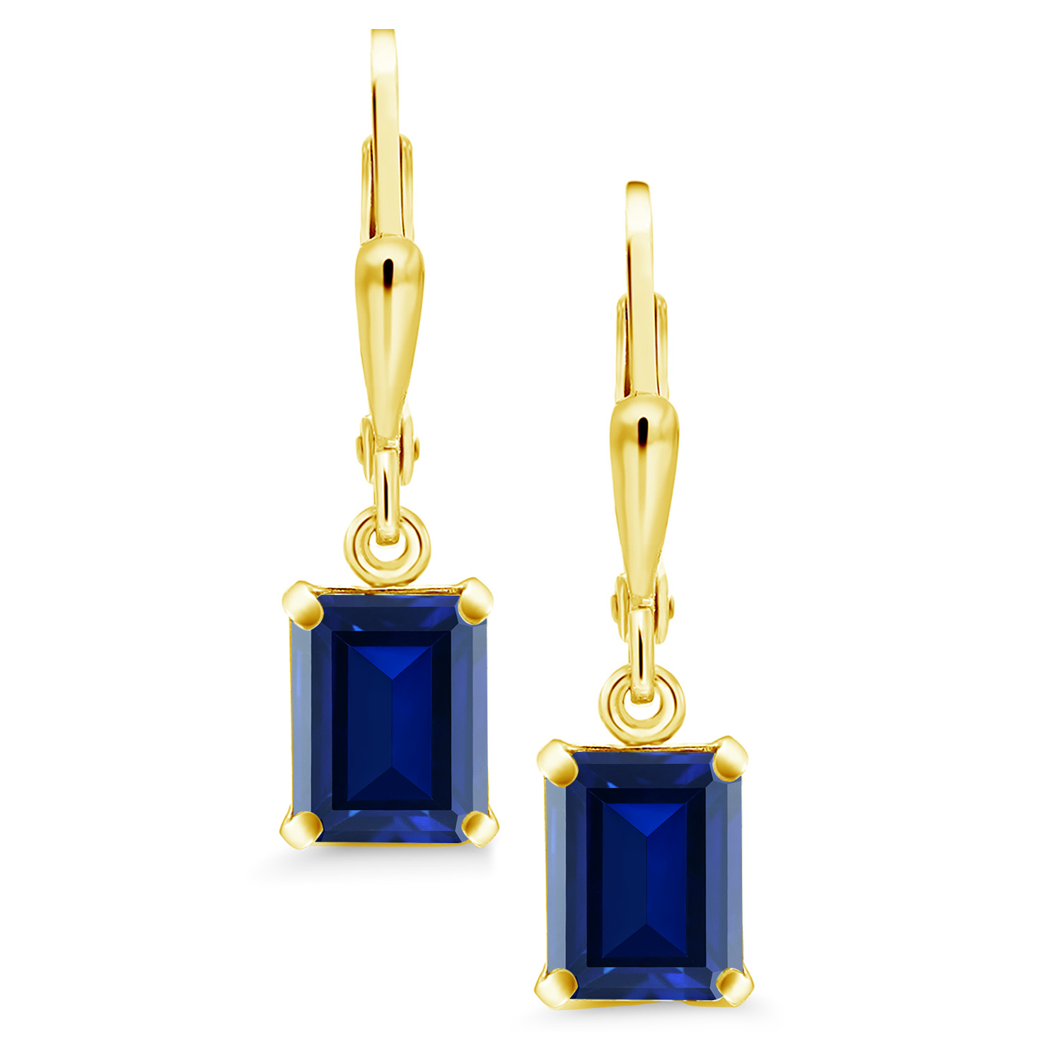Gem Stone King 18K Yellow Gold Plated Silver Blue Created Sapphire Dangle Earrings for Women (3.00 Cttw, Gemstone September Birthstone, Octagon 8X6MM)