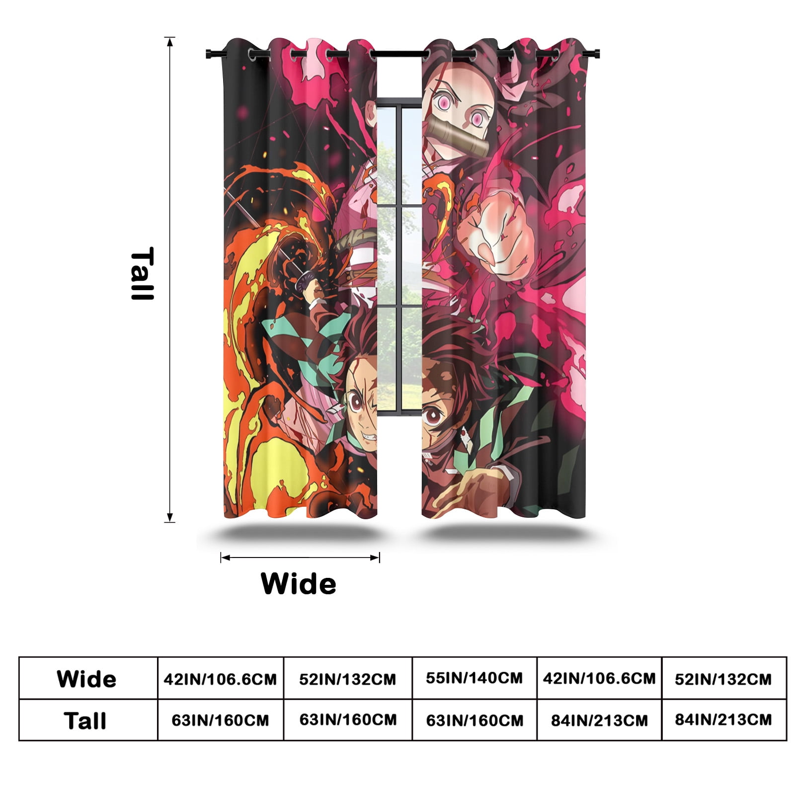 Anime Curtains for Bedroom Drapes Slayer Tanjirou Inosuke Kyoujurou Print Design Window Treatments Curtain Panel Set, 2-Panels, 52" W x 63" L