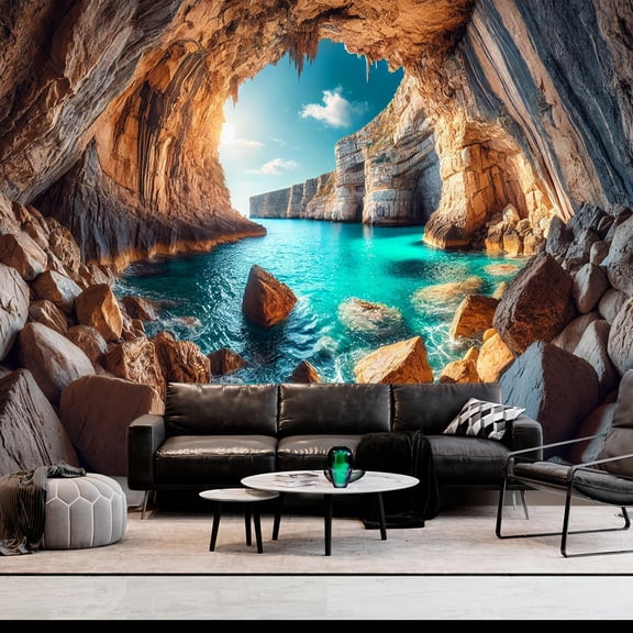 Gojian Nature Tapestry Forest Tree Sea Cave Wall Hanging, Stream Through Rainforest Landscape Wall Art Tapestry for Bedroom Living room