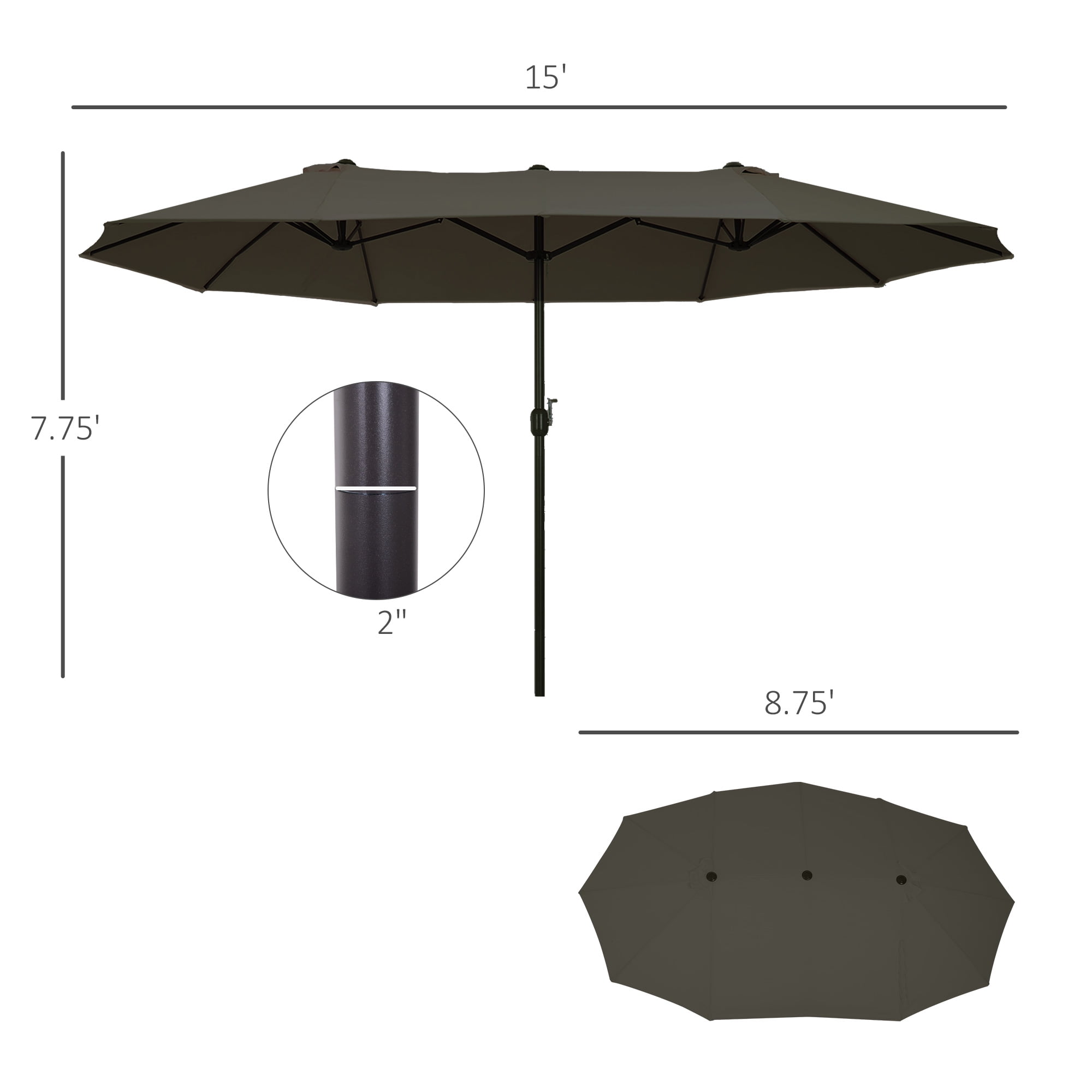 Outsunny 15' Extra Large Double Patio Umbrella for Pool, Gray