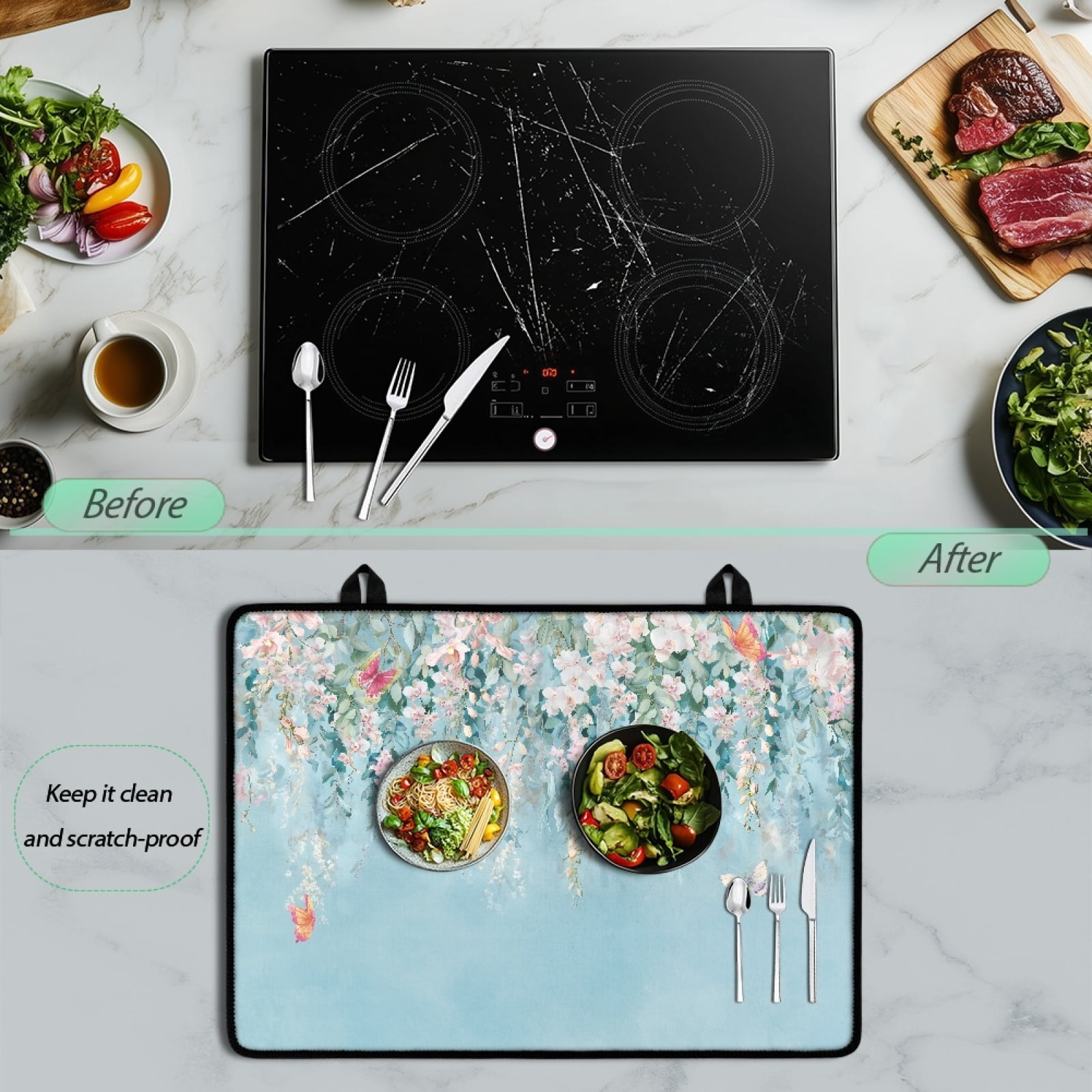 ZIATUBLE Stove Top Cover for Electric Stove Range Cover for Glass Ceramic Top Stove Flat Cooktop Protector Cover with Rubber Backing for Kitchen Decor, 29 x 21 Inch, Butterfly Flower Light Blue